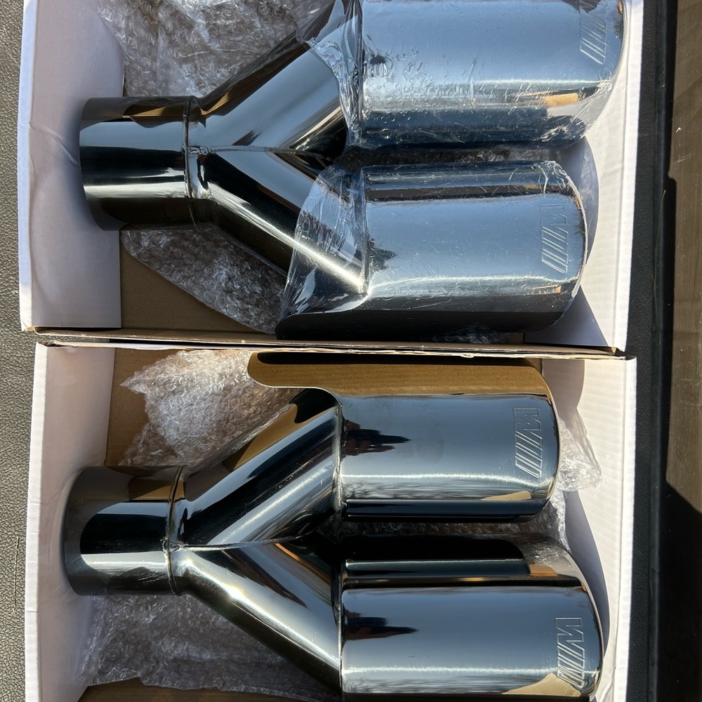 BMW quad exhaust tips set of 2 gloss black stainless steel with M stamp logo